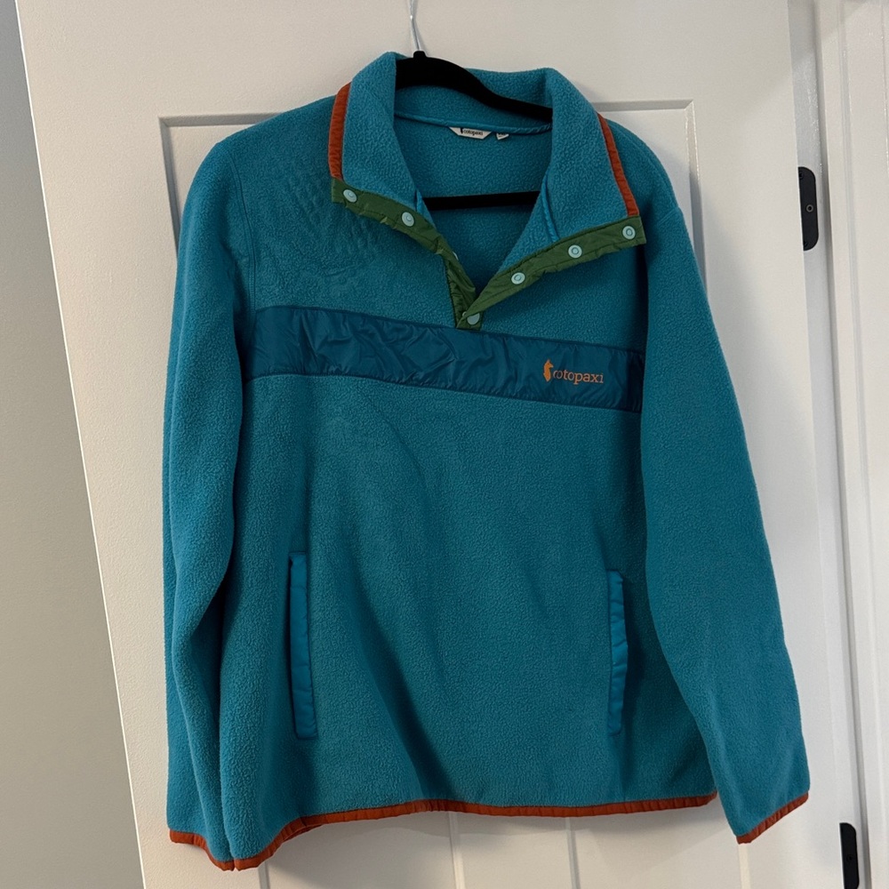 Patagonia Blue Fleece with Orange and Green Accents